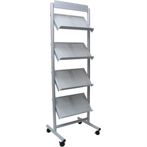 Mobile Prospektregale mit 4 Fächern, Silber beschichtet, BxH: 640 x 1750 mm