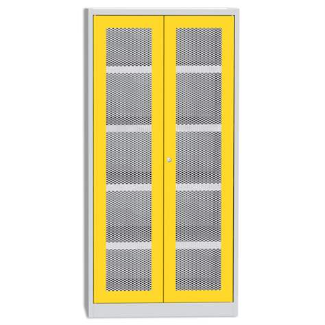 Skříň na nehořlavé chemikálie s mřížkou, v x š x h: 1950 x 950 x 500 mm, 4 vanové police, barva: korpus šedý RAL7035/ dveře žluté RAL1023 - Kovos Verneřice