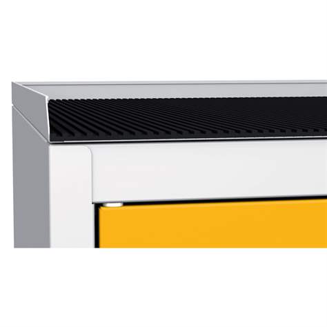 Skříň na chemikálie s mřížkou, v x š x h: 1150 x 505 x 500 mm, 2 vanové police, barva: korpus šedý RAL7035/ dveře žluté RAL1023 - Kovos Verneřice - obrázek5