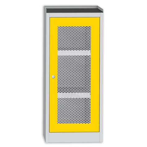 Skříň na chemikálie s mřížkou, v x š x h: 1150 x 505 x 500 mm, 2 vanové police, barva: korpus šedý RAL7035/ dveře žluté RAL1023 - Kovos Verneřice