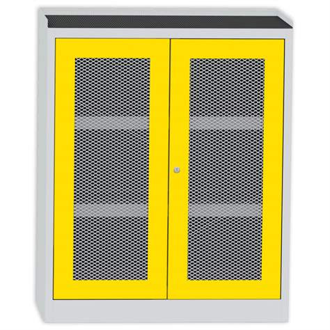 Skříň na chemikálie s mřížkou, v x š x h: 1150 x 950 x 500 mm, 2 vanové police, barva: korpus šedý RAL7035/ dveře žluté RAL1023 - Kovos Verneřice