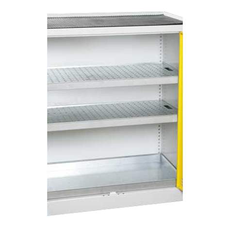 Skříň na chemikálie s mřížkou, v x š x h: 1150 x 950 x 500 mm, 2 vanové police, barva: korpus šedý RAL7035/ dveře žluté RAL1023 - Kovos Verneřice - obrázek5