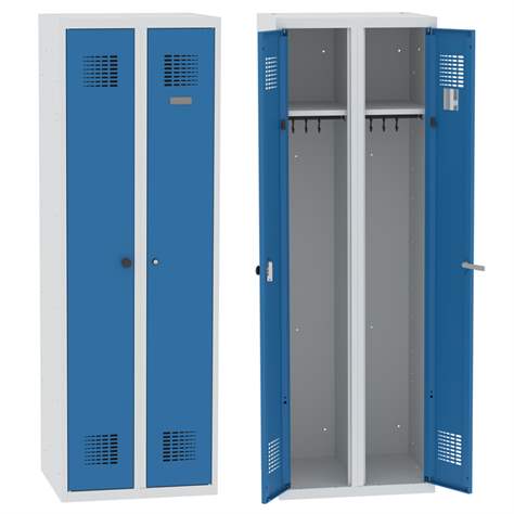 Garderobenschrank mit Doppel-Flügeltüren, Breite 600 mm, zwei Kleiderfächer, Türfarbe Blau RAL5012, Zylinderschloss - Malow