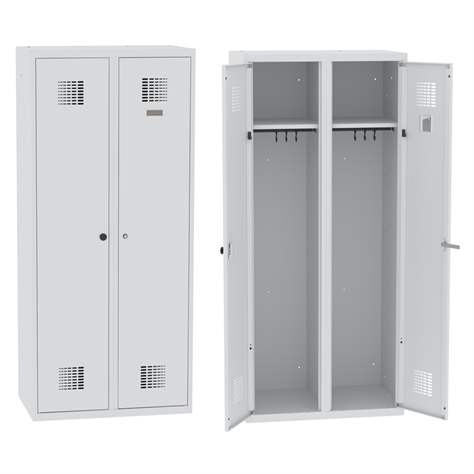 Garderobenschrank mit Doppel-Flügeltüren, Breite 800 mm, zwei Kleiderfächer, Türfarbe Grau RAL7035, Drehriegelverschluss - Malow