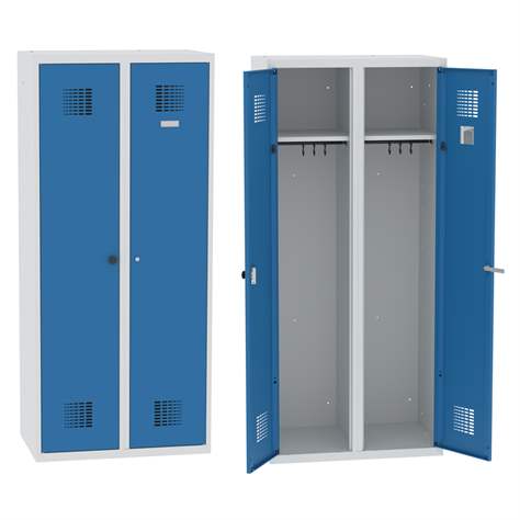 Garderobenschrank mit Doppel-Flügeltüren, Breite 800 mm, zwei Kleiderfächer, Türfarbe Blau RAL5012, Zylinderschloss - Malow