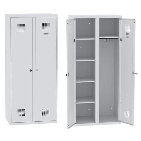 Garderobenschrank mit Doppel-Flügeltüren, Breite 800 mm, Abteil mit 4 Einlegeböden und Kleiderfach, Türfarbe Grau RAL7035, Drehriegelverschluss - Malow