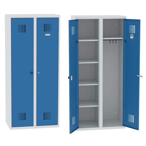 Garderobenschrank mit Doppel-Flügeltüren, Breite 800 mm, Abteil mit 4 Einlegeböden und Kleiderfach, Türfarbe Blau RAL5012, Drehriegelverschluss - Malow