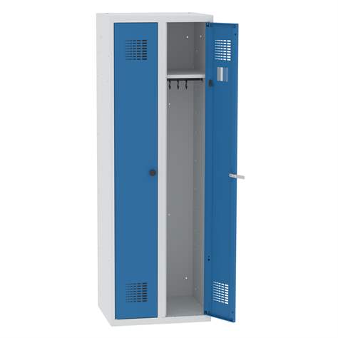 Garderobenschrank mit Doppel-Flügeltüren, Breite 600 mm, Abteil mit 4 Einlegeböden und Kleiderfach, Türfarbe Blau RAL5012, Drehriegelverschluss - Malow - Bild3