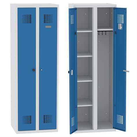 Garderobenschrank mit Doppel-Flügeltüren, Breite 600 mm, Abteil mit 4 Einlegeböden und Kleiderfach, Türfarbe Blau RAL5012, Drehriegelverschluss - Malow