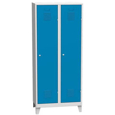 Garderobenschrank, geschweißt, 2 x 400 mm, Türfarbe blau RAL5012, mit Stollenfüßen - Kovos Verneřice
