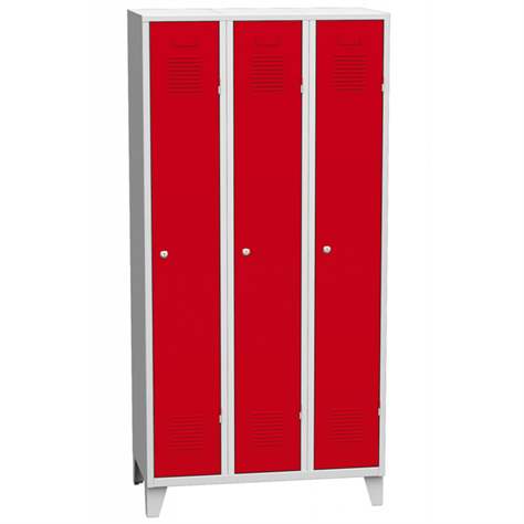 Garderobenschrank, geschweißt, 3 x 300 mm, Türfarbe rot RAL3000, mit Stollenfüßen - Kovos Verneřice