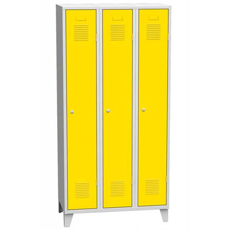 Svařovaná šatní skříň 3 x 300 mm, barva dveří žlutá RAL1023, standardní větrací žaluzie, na nohách - Kovos Verneřice