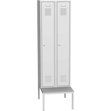 Dulap metalic pentru vestiar, sudat, 2 x 300 mm, uși gri RAL7035, cu soclu tip bancă - Kovos Verneřice