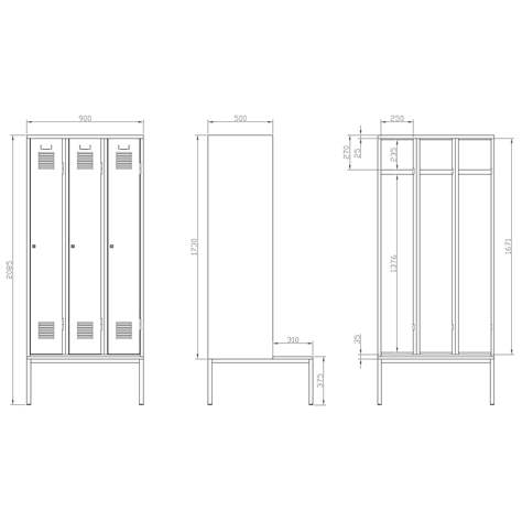 Svařovaná šatní skříň 3 x 300 mm, barva dveří zelená RAL6024, standardní větrací žaluzie, s lavicí - Kovos Verneřice - obrázek2