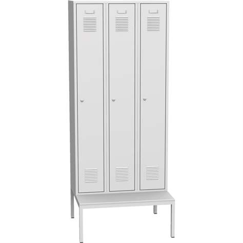 Garderobenschrank, geschweißt, 3 x 300 mm, Türfarbe grau RAL7035, mit untergebauter Sitzbank - Kovos Verneřice