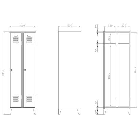 Svařovaná šatní skříň 3 x 300 mm, barva dveří žlutá RAL1023, standardní větrací žaluzie, na nohách - Kovos Verneřice - obrázek2