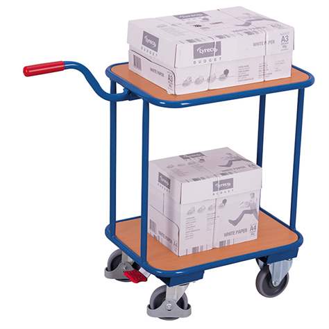 Cărucior șasiu cu mâner pentru transport navete, lăzi cu 2 polițe din lemn, frână EasySTOP 600 x 500 mm, cap. port. 200 kg, culoare antracit RAL7016 /placă gri - Cordes - imagine2