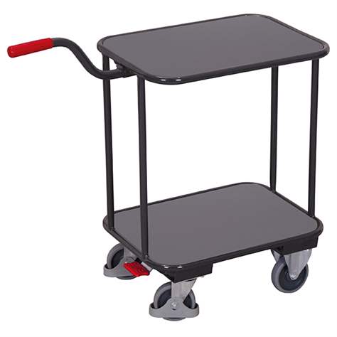 Cărucior șasiu cu mâner pentru transport navete, lăzi cu 2 polițe din lemn, frână EasySTOP 600 x 500 mm, cap. port. 200 kg, culoare antracit RAL7016 /placă gri - Cordes