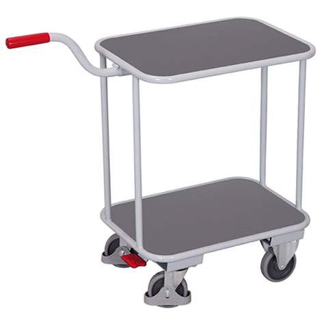 Griffroller mit 2 Holz-Ladeflächen und EasySTOP-Bremssystem, 600x500 mm, Traglast 200 kg, Farbe Lichtgrau RAL7035 /Platte Grau - Cordes - Bild4