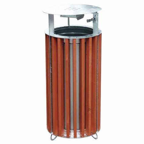 Abfallsammler mit Schutzdach und Aschenaufsatz, Rundform, Holzlattenverkleidung Farbton Mahagon, Volumen 50 l, H 940 mm