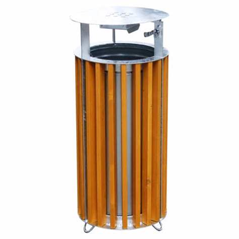 Abfallsammler mit Schutzdach und Aschenaufsatz, rund, mit Holzlattenverkleidung im Farbton Pinie, Volumen 50 l, Höhe 940 mm