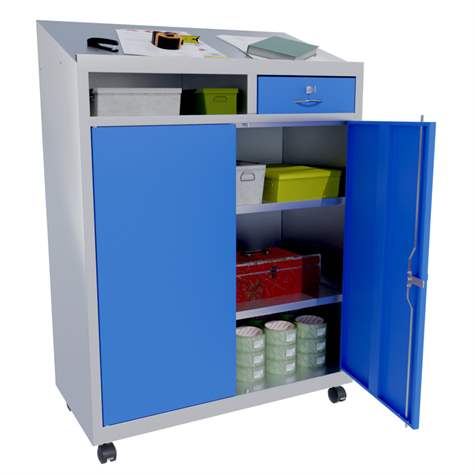 Dulap metalic atelier cu pupitru de scris - mobilier metalic atelier organizare documente, HxLxl: 1200 x 915 x 460 mm, gri RAL7035 /albastru RAL5012 - Kovona Lysa nad Labem