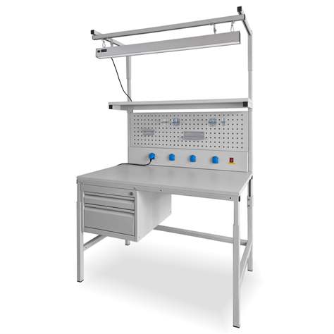 Pracovní stůl KLASIK s horní nástavbou, elektro panelem, LED osvětlením a kontejnerem, 1800x700 mm - Kovona Lysa nad Labem