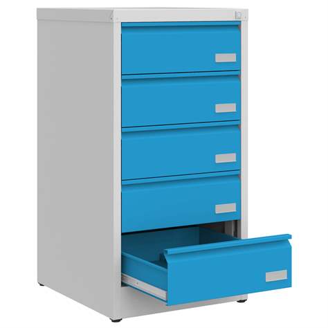 CD und DVD-Metallschrank, 5 Schubladen, HxBxT:956x505x565 mm, Farbe grau RAL7035 / blau RAL5012 - Malow