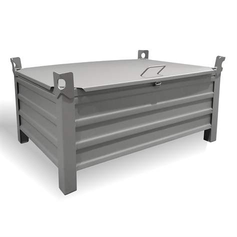 Boxcontainer - container metalic stivuibil de transport cu capac rabatabil, cap. port. 1500 kg, Lxl:1200x800mm, gri RAL7005