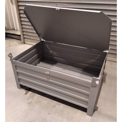 Boxcontainer - container metalic stivuibil de transport cu capac rabatabil, cap. port. 1500 kg, Lxl:1200x800mm, gri RAL7005 - imagine3