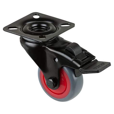 Přístrojové kolečko, otočné s brzdou, běhoun šedý, vidlice černá, pr. 50 mm, s plotýnkou, nosnost 50 kg