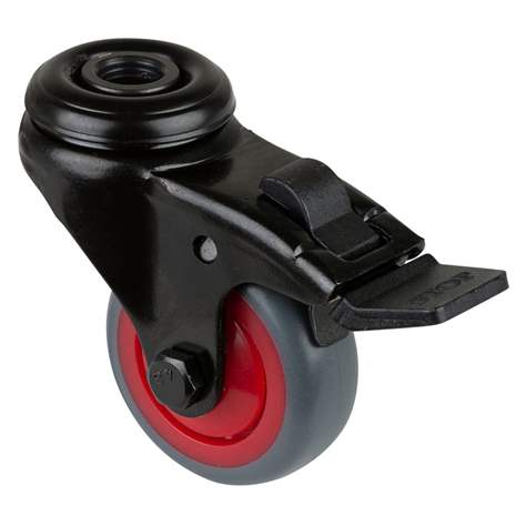 Přístrojové kolečko, otočné s brzdou, běhoun šedý, vidlice černá, pr. 50 mm, s hřbetním otvorem, nosnost 50 kg
