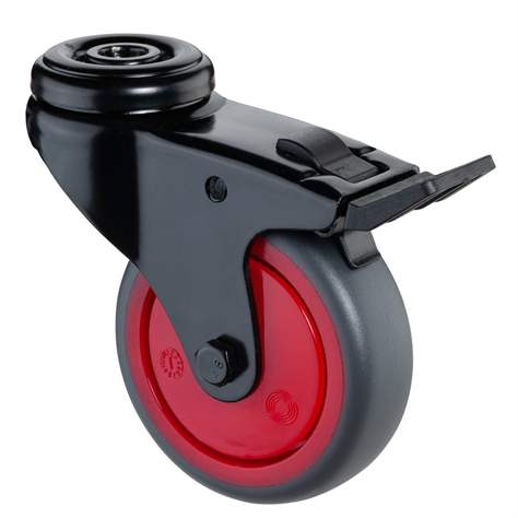 Přístrojové kolečko, otočné s brzdou, běhoun šedý, vidlice černá, pr. 75 mm, s hřbetním otvorem, nosnost 60 kg