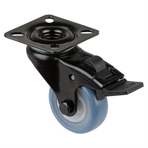 Přístrojové kolečko, otočné s brzdou, běhoun modrý, vidlice černá, pr. 50 mm, s plotýnkou, nosnost 50 kg