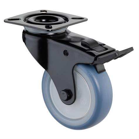 Přístrojové kolečko, otočné s brzdou, běhoun modrý, vidlice černá, pr. 75 mm, s plotýnkou, nosnost 60 kg