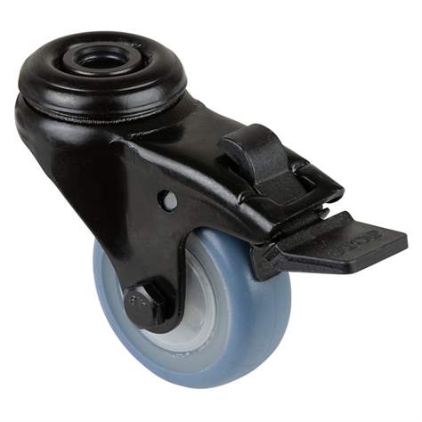 Přístrojové kolečko, otočné s brzdou, běhoun modrý, vidlice černá, pr. 50 mm, s hřbetním otvorem, nosnost 50 kg