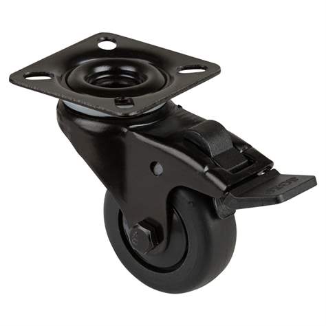 Přístrojové kolečko, otočné s brzdou, běhoun černý, vidlice černá, pr. 50 mm, s plotýnkou, nosnost 50 kg