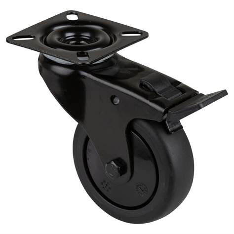 Přístrojové kolečko, otočné s brzdou, běhoun černý, vidlice černá, pr. 75 mm, s plotýnkou, nosnost 60 kg
