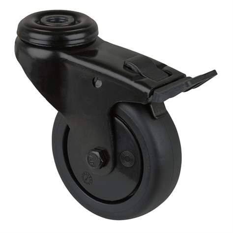 Přístrojové kolečko, otočné s brzdou, běhoun černý, vidlice černá, pr. 75 mm, s hřbetním otvorem, nosnost 60 kg
