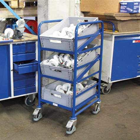 Regalwagen VARIOfit für EURO-Behälter, 5 Etagen aus Winkelstahl mit 15 Behältern, Ladefläche 1240x610 mm - Cordes - Bild3