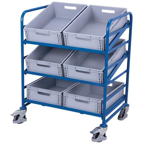 Regalwagen VARIOfit für EURO-Behälter, 3 Etagen aus Winkelstahl mit 6 Behältern, Ladefläche 825x610 mm - Cordes