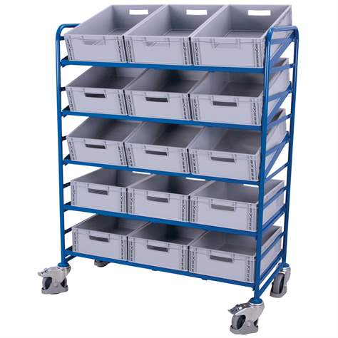 Regalwagen VARIOfit für EURO-Behälter, 5 Etagen aus Winkelstahl mit 15 Behältern, Ladefläche 1240x610 mm - Cordes