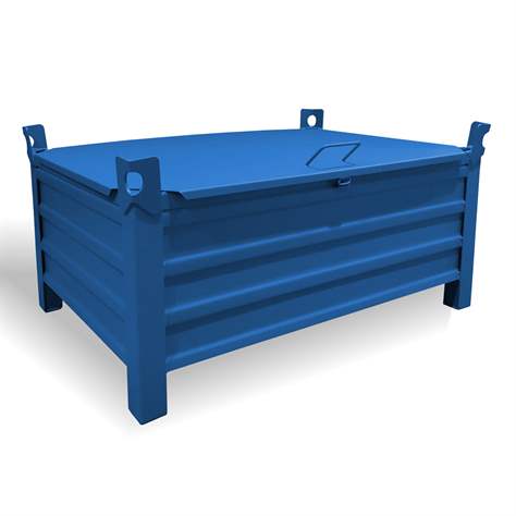 Ohradová paleta kovová s víkem, 1200x800 mm, 1500 kg, 4 plné bočnice, na nohách, modrá RAL5010