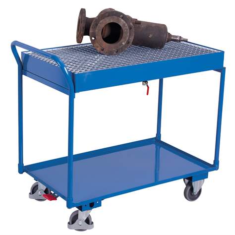 Cărucior de atelier cu polițe VARIOfit cu 2 etaje și vană tip tavă cuvă de captare colectare retenție cu grătar, 1000x600 mm, cap. port. 250 kg - Cordes - imagine5