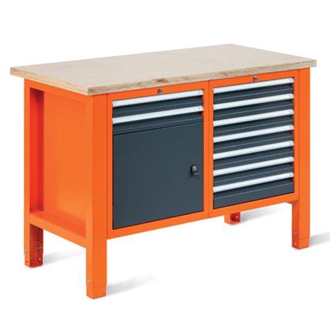 Werkstatt-Tisch TECHNO Light, Breite 1245 mm, 9 Schubladen, 1 Schrank, Farbe orange RAL2004/anthrazit RAL7016. - Malow