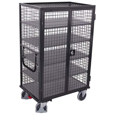 Schrankwagen VARIOfit mit Flügeltüren und 5 Etagen, Gitterwände, Schloss mit Drehgriff, 1045x685 mm, Tragfähigkeit 500 kg, Farbe Anthrazit RAL7016 /Platte Grau - Cordes