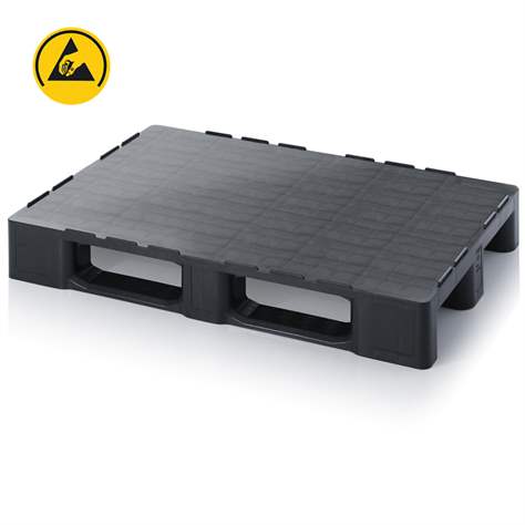 ESD palet industrial din plastic 1200 x 800 mm, cu suprafață depunere plan închis, negru, cu tălpi