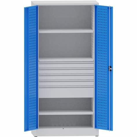 Werkstattschrank mit Lochplatten, 2 Fachböden, 5 Schubladen, HxBxT: 1950x950x500 mm, Lichtgrau RAL7035/Lichtblau RAL5012 - Kovona Lysa nad Labem