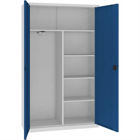 Dulap metalic cu polițe și cu compartiment tip garderobă pentru haine, vestiar, HxLxl: 1990x1000x435 mm, corpgri RAL7035 / uși albastre RAL5010 - Malow