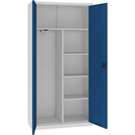 Dulap metalic cu polițe și cu compartiment tip garderobă pentru haine, vestiar, HxLxl: 1990x1000x435 mm, corpgri RAL7035 / uși albastre RAL5010 - Malow
